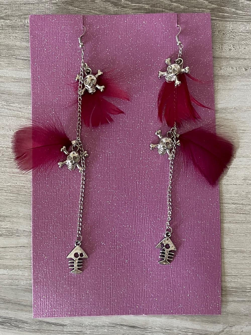 Red feather skull earrings 5.5”